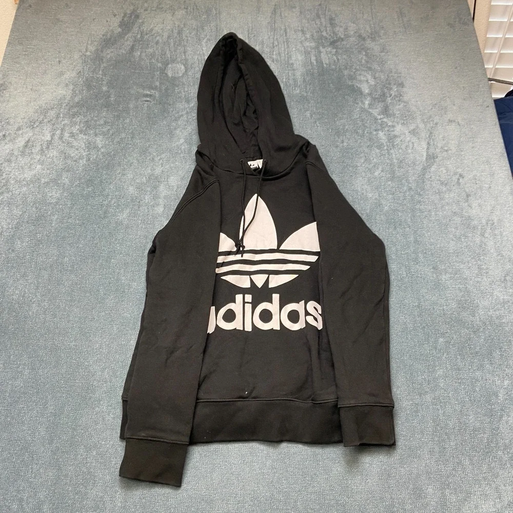 Adidas Trefoil Hoodie Mens M Black Graphic Logo Drawstring Ribbed Hem Pullover